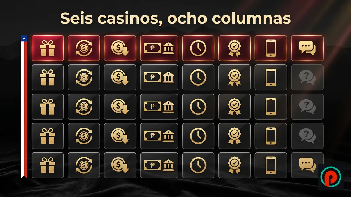 Cuadrícula de seis filas y ocho columnas con íconos de bono, pagos, retiro, licencia y app