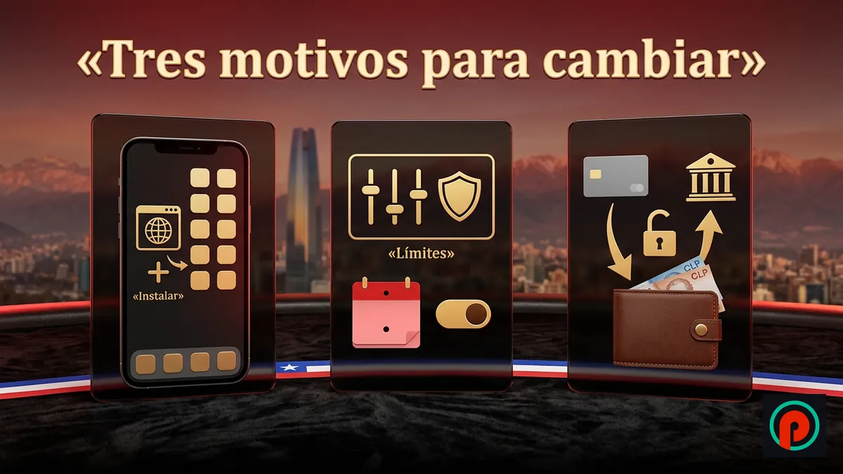 Tres tarjetas: celular con app web, panel de límites y billetera con retiro por otro método