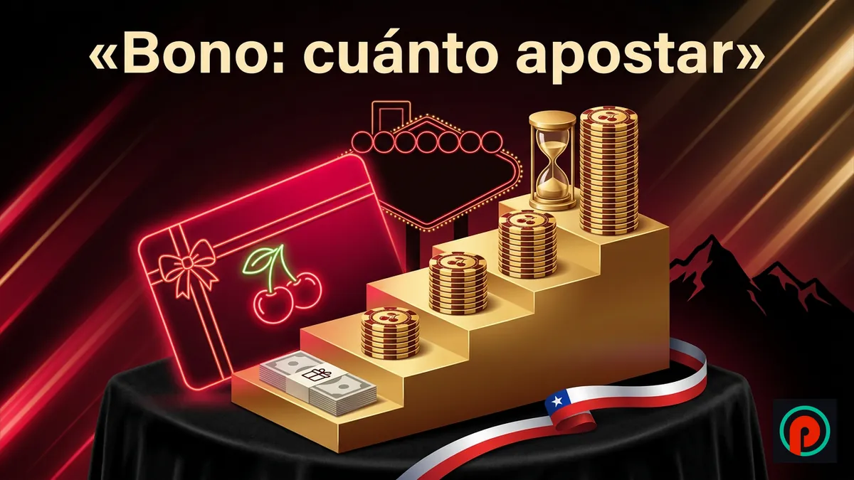 Escalera dorada con pesos chilenos y pilas de fichas cada vez más altas junto a una tarjeta de bono
