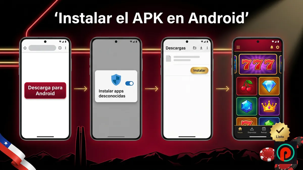 Cuatro pantallas de Android: descarga, permiso de apps desconocidas, instalación y app abierta