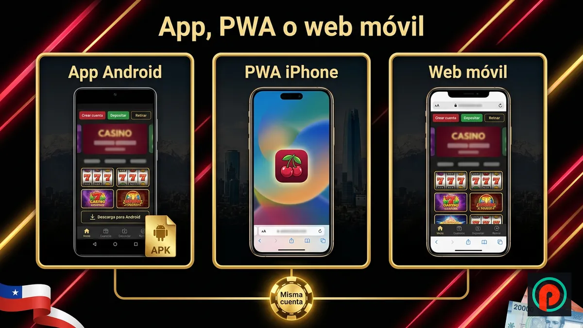 Tres tarjetas comparan app Android, PWA en iPhone y web móvil con la misma cuenta