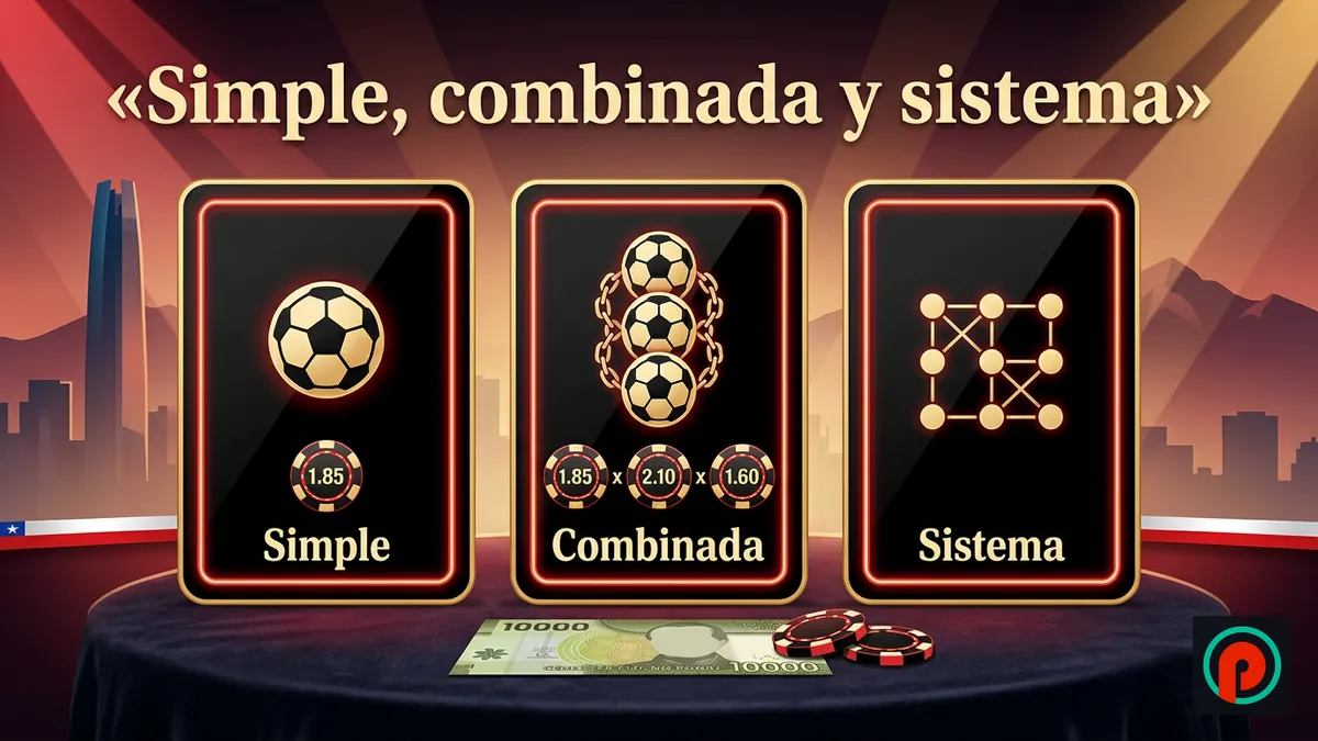 Tres tipos de apuesta deportiva en tres tarjetas: simple, combinada y sistema, con fichas y pesos chilenos