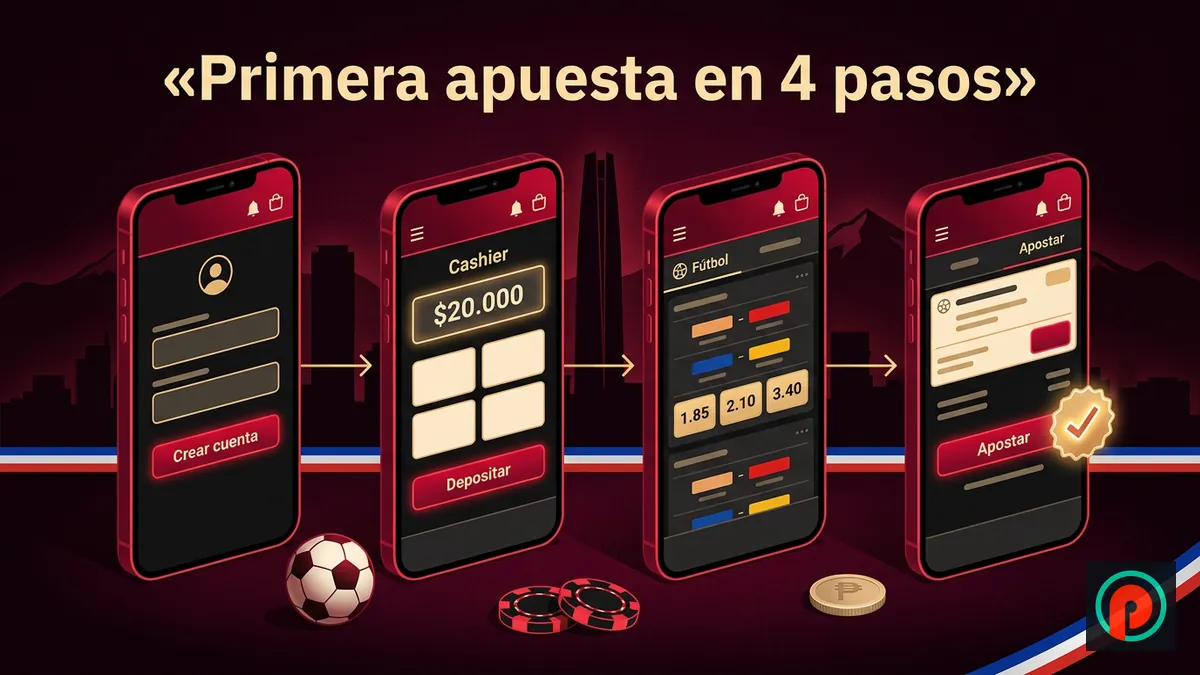 Cuatro pantallas de celular: crear cuenta, depositar, elegir cuota y apostar; primera apuesta deportiva desde Chile