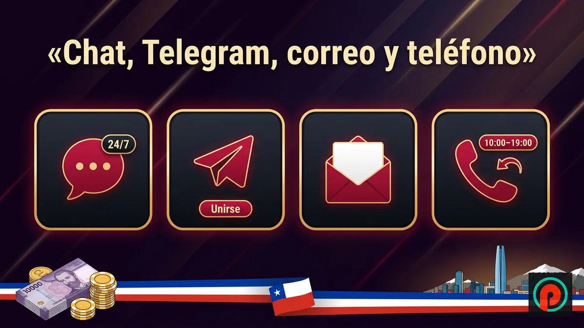 Los cuatro canales de soporte de Pin-Up Chile: chat 24/7, Telegram, correo y teléfono con horario
