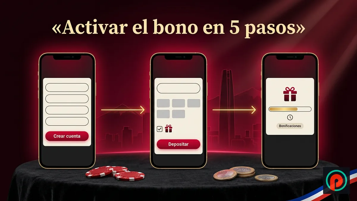 Tres pantallas de celular con los pasos para activar el bono: crear cuenta, depositar y ver bonificaciones