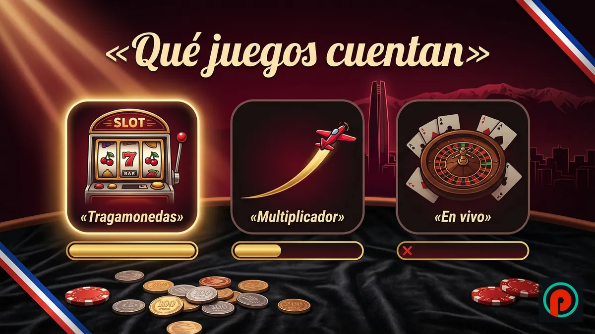 Tres fichas que muestran qué juegos suman al requisito de apuesta: tragamonedas, crash y en vivo