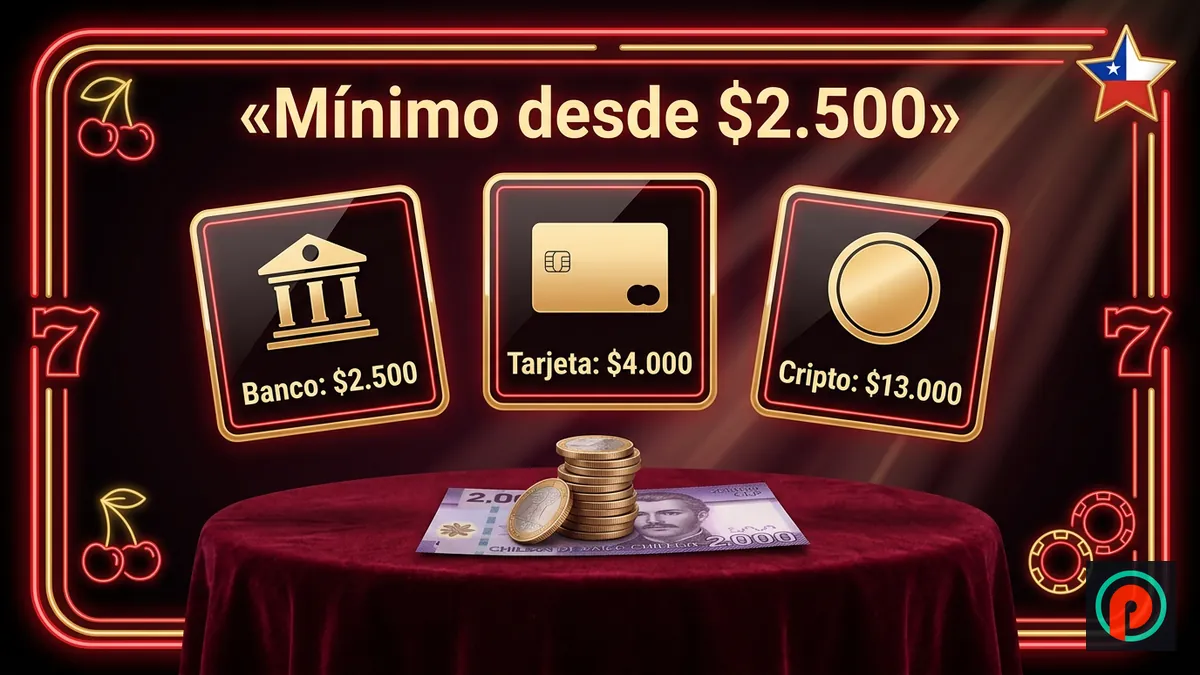 Tres tarjetas comparan el depósito mínimo en Pin-Up Chile: banco desde $2.500, tarjeta $4.000 y cripto $13.000