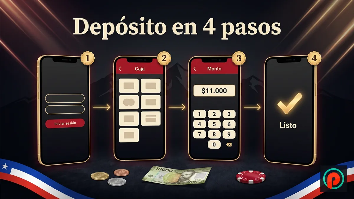 Cuatro pantallas de celular con los pasos para depositar en Pin-Up Chile: iniciar sesión, caja, monto y confirmación