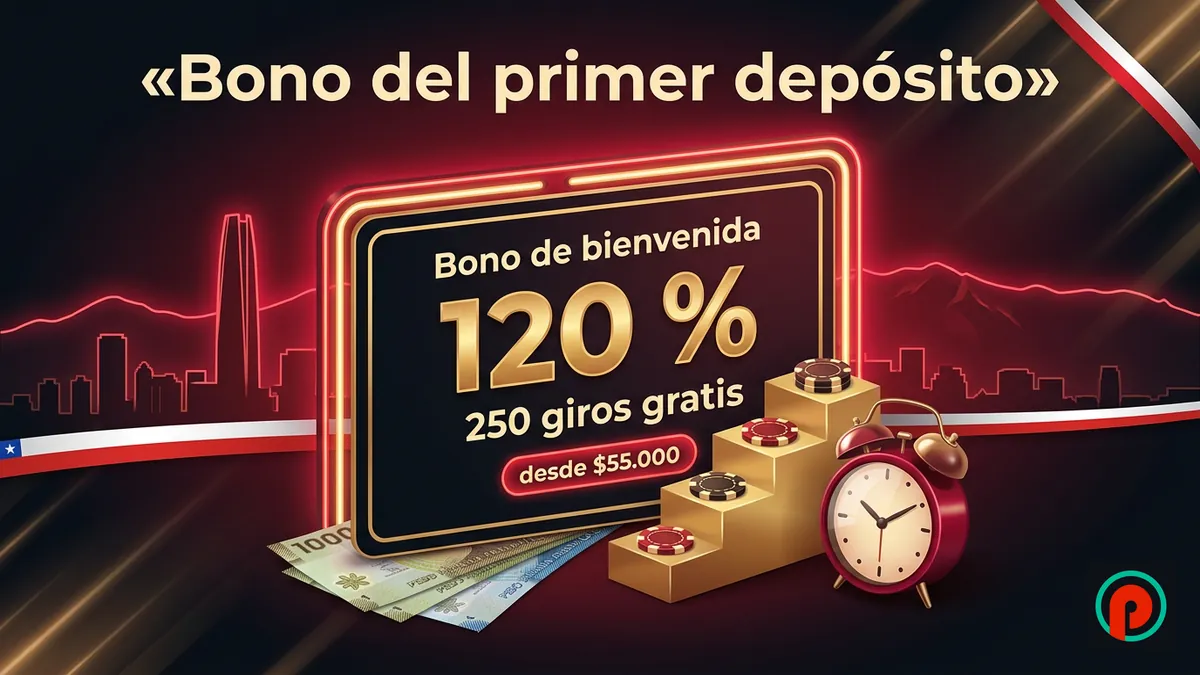 Tarjeta del bono de bienvenida de Pin-Up Chile: 120 %, 250 giros gratis y reloj que marca el plazo