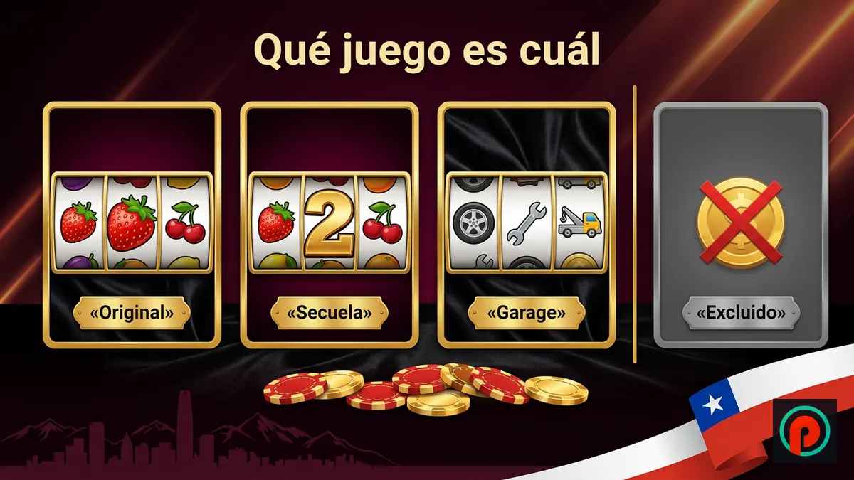Tres fichas de tragamonedas retro de frutas y una cuarta excluida, en rojo, negro y oro sobre Santiago