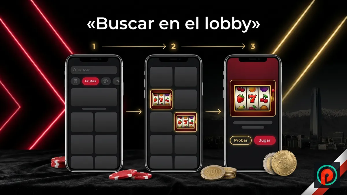 Tres pantallas de celular: buscador del lobby, fichas de frutas y botones Probar y Jugar