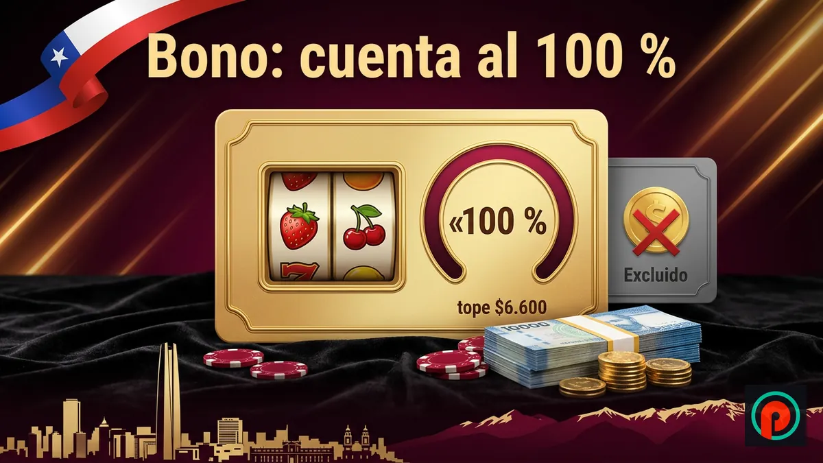 Tarjeta dorada de bono con rodillos de frutas y medidor al 100 %, billetes chilenos y fichas