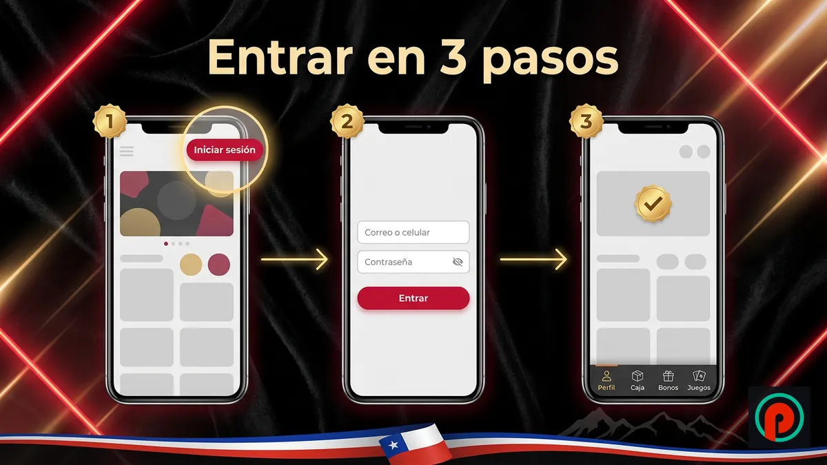Tres pantallas de celular: botón Iniciar sesión, formulario con correo y contraseña, y menú con Perfil, Caja, Bonos y Juegos