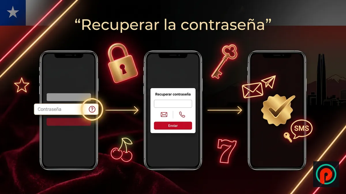 Tres pantallas de celular: ícono «?» en el campo de contraseña, ventana Recuperar contraseña y aviso por correo o SMS