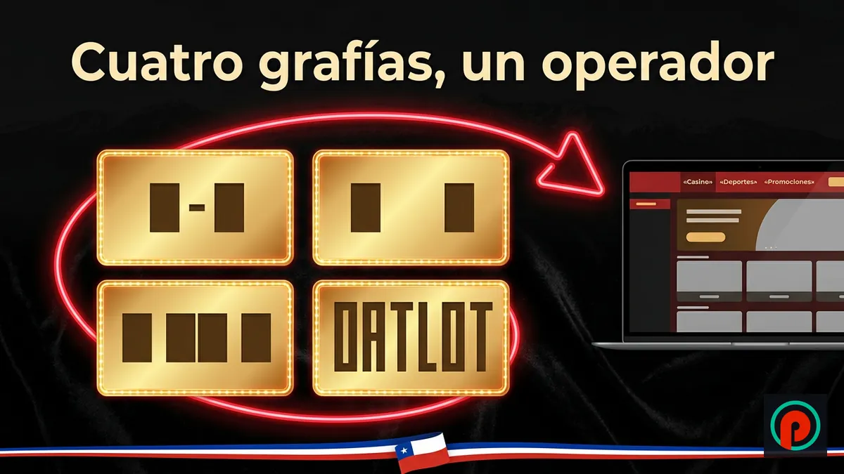 Cuatro fichas retro con patrones distintos y un laptop con el lobby: cuatro grafías del mismo operador