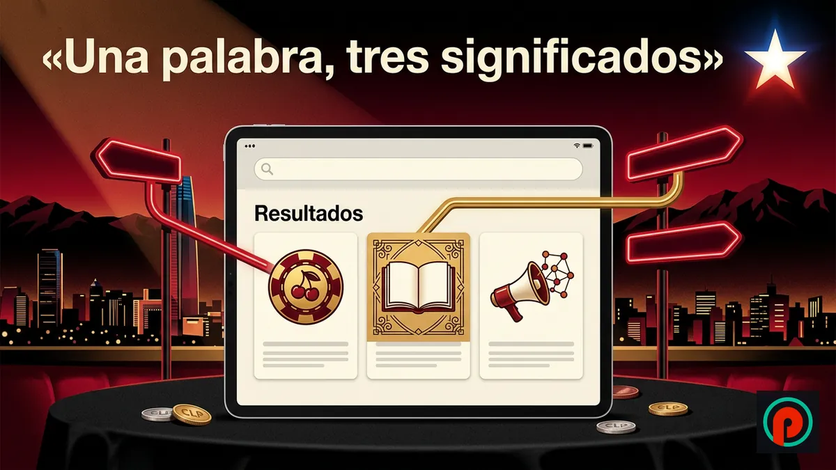 Tableta con tres resultados: ficha de casino, libro de ilustración y megáfono de influencers, sobre Santiago