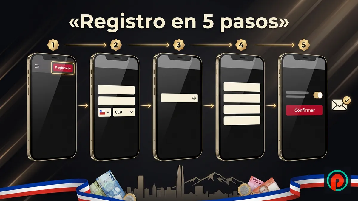 Registro desde el celular: cinco pantallas del formulario en fila, con botón, datos, contraseña y confirmación
