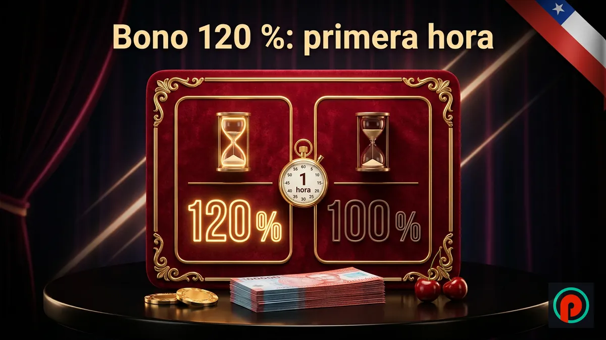 Tarjeta de bono con 120 % y reloj de arena frente a 100 %, con billetes chilenos y fichas de casino