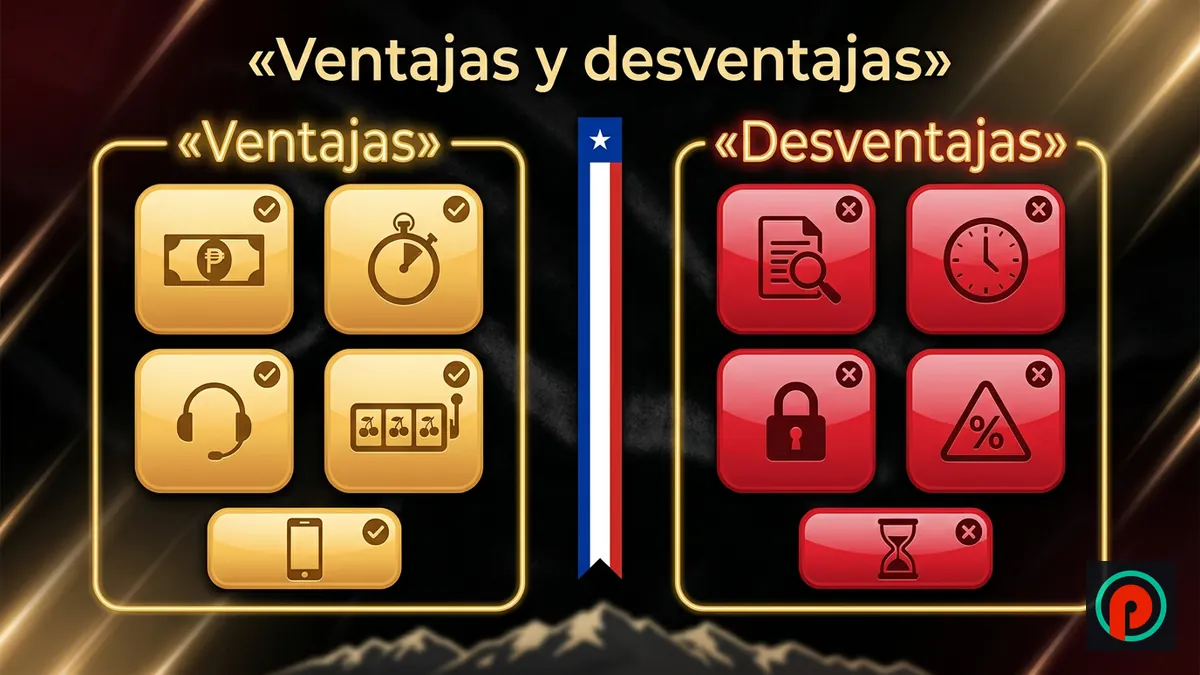 Ventajas y desventajas del casino en Chile en dos columnas de tarjetas doradas y rojas