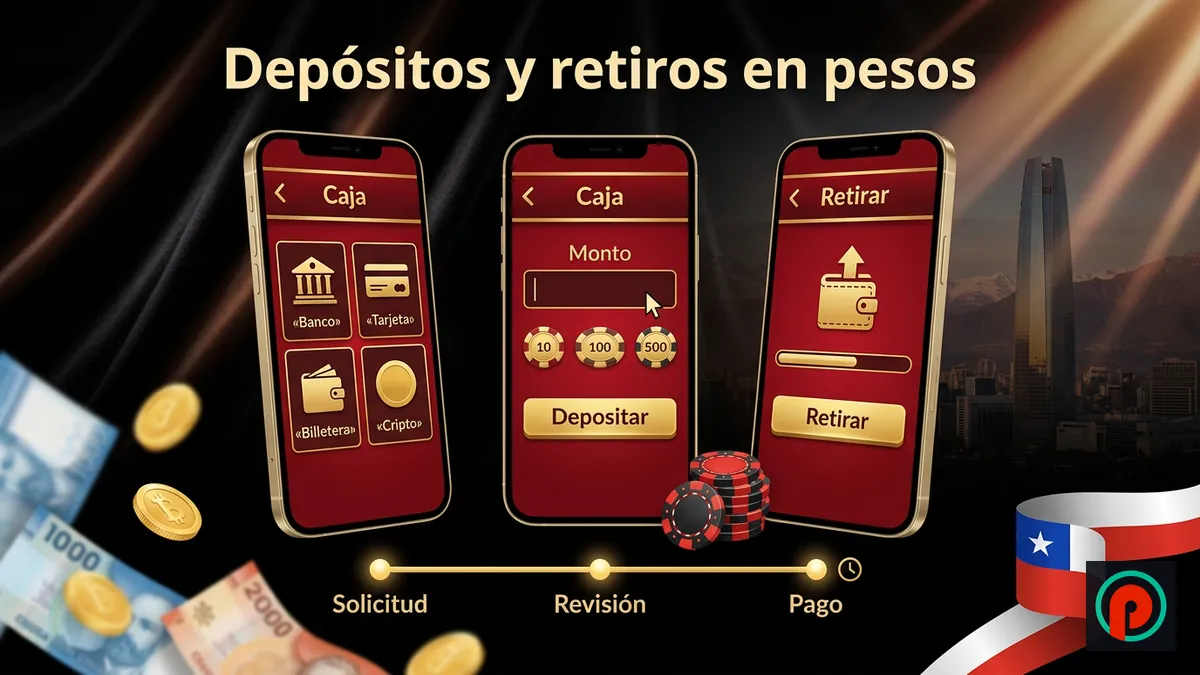 Tres pantallas de caja para depositar y retirar en pesos chilenos y línea de tiempo del pago