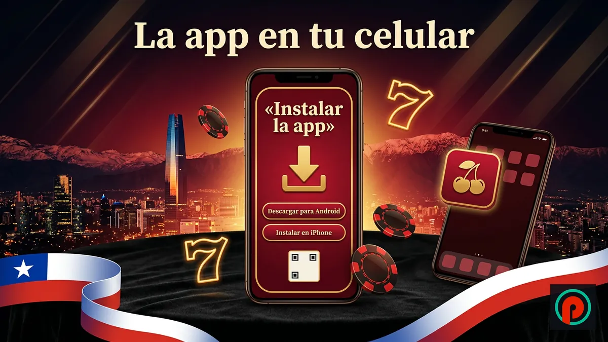 Celular con la pantalla de instalación de la app del casino y Santiago de Chile al fondo