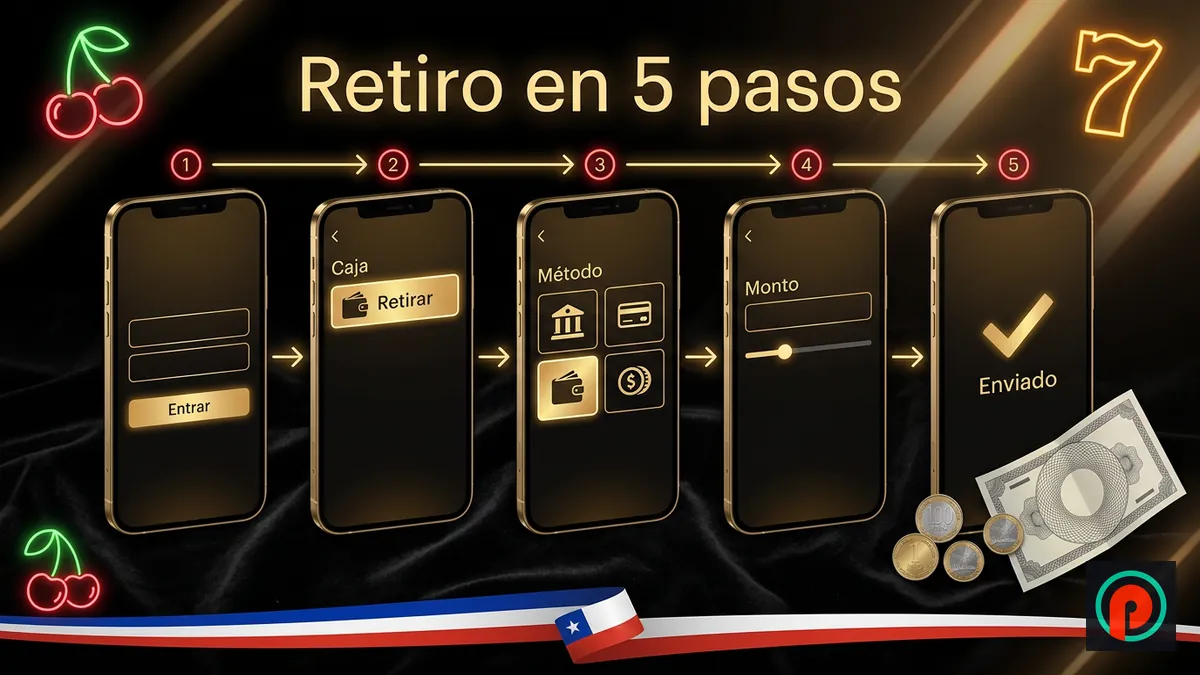 Cinco pantallas de celular con los pasos para retirar dinero: entrar, Retirar, método, monto y confirmación