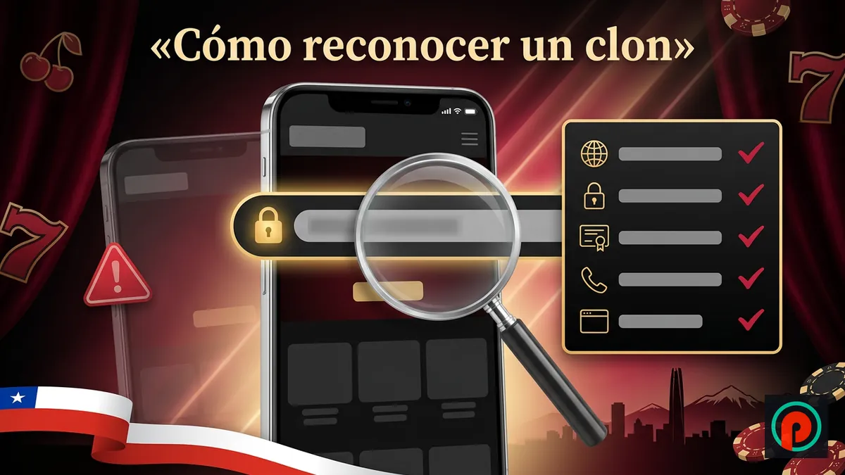 Celular con la barra de direcciones ampliada y un checklist de señales para reconocer un clon del sitio oficial