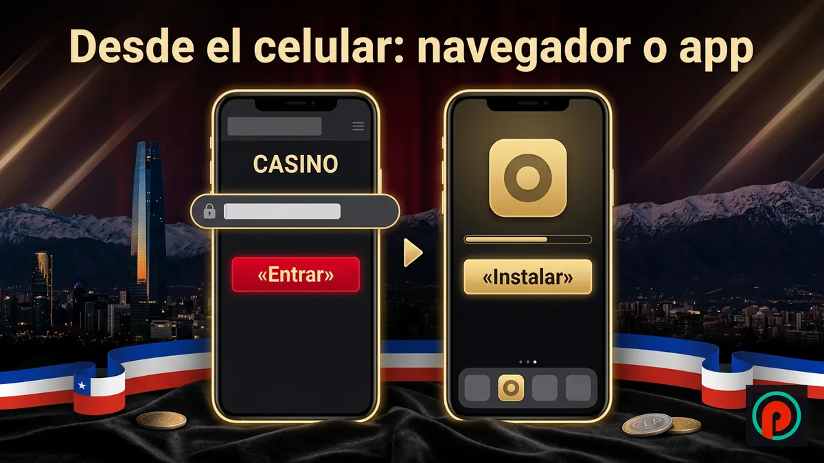 Dos celulares: uno con el sitio en el navegador y otro con la pantalla de instalación de la app, sobre Santiago